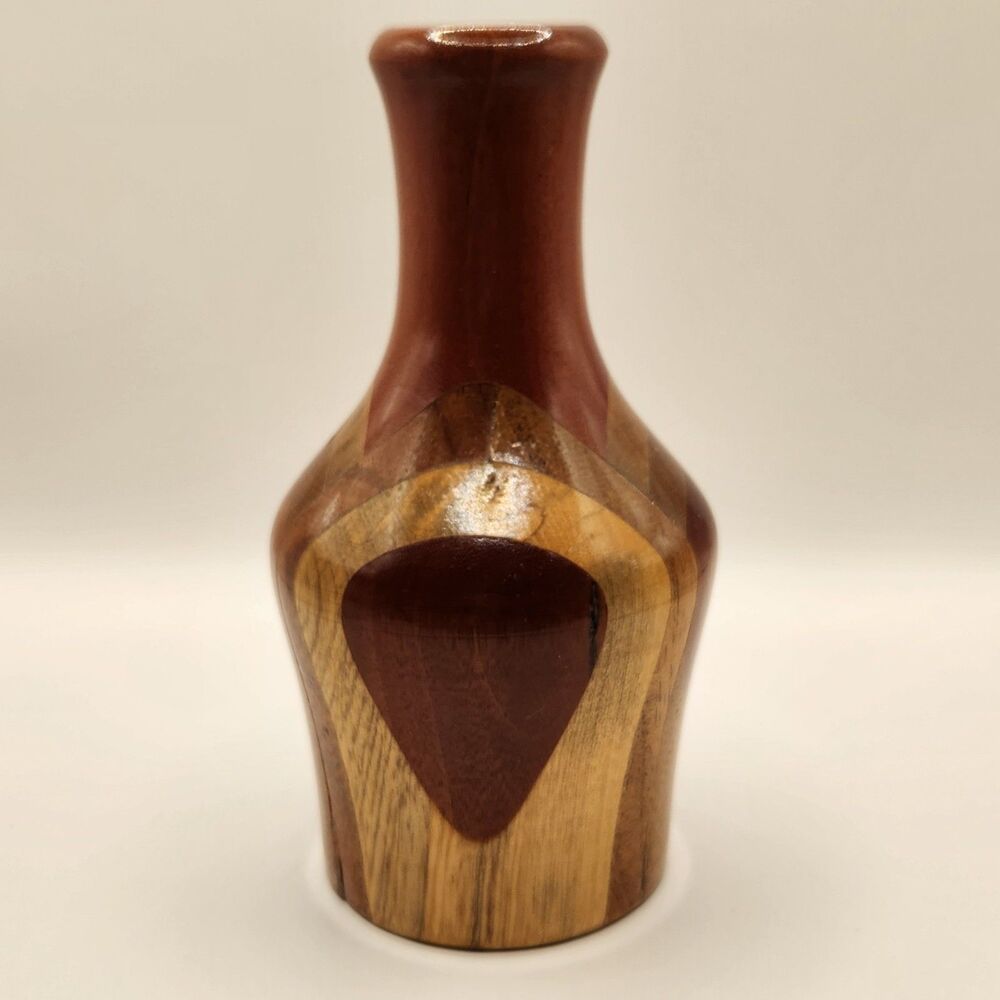 Handmade Mixed Colored Wood Inlay Artisan Vase Jamaican Signed 2011 6.75" Boho